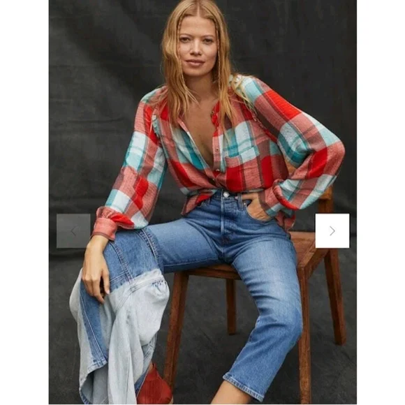 Pilcro Breezy Plaid Button Down Gauzy Rustic Long Sleeve Top M - Picture 2 of 11